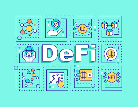 DeFi word concepts mint banner. decentralized financial system. Infographics with editable icons on color background. Isolated typography. Vector illustration with text. Arial-Black font usedのイラスト素材