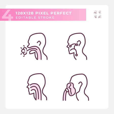 Throat treatment pixel perfect RGB color linear icons set. Infection spreading prevention. Patients with diseases. Isolated vector illustration. Simple filled line drawing. editable strokeのイラスト素材