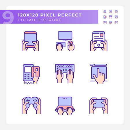 Hands using gadgets pixel perfect RGB color icons set. Technology of business and entertainment. hardware user. Isolated vector illustrations. Simple filled line drawings collection. editable strokeのイラスト素材