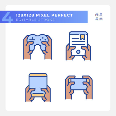 Black hands with amusing gadgets pixel perfect RGB color icons set. Digital devices for entertainment. Isolated vector illustrations. Simple filled line drawings collection. editable strokeのイラスト素材