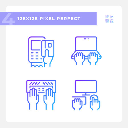 Hands using devices pixel perfect gradient linear vector icons set. Opportunity for technology users. Computing. Thin line contour symbol designs bundle. Isolated outline illustration collectionのイラスト素材