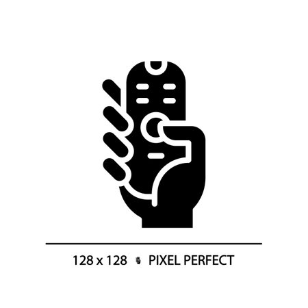 Hand with remote control pixel perfect black glyph icon. Digital device with keys. Contactless infrared gadget. Silhouette symbol on white space. solid pictogram. Vector isolated illustrationのイラスト素材