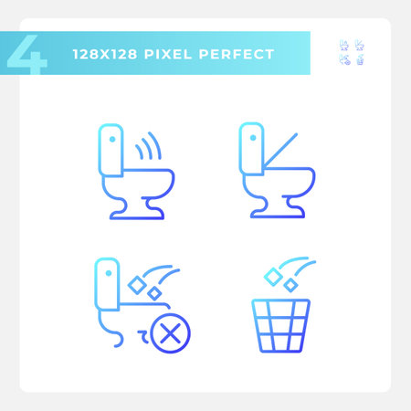 Toilet recommendations usage pixel perfect gradient linear vector icons set. Toilet bowl automation. Thin line contour symbol designs bundle. Isolated outline illustration collectionのイラスト素材