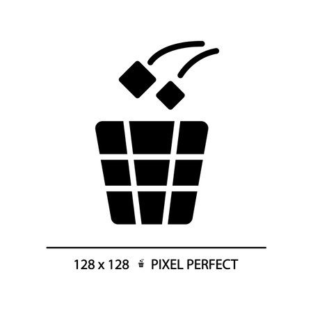 Throw rubbish pixel perfect black glyph icon. Use litter bin in toilet room. put garbage in container. Remove rubbish. Silhouette symbol on white space. solid pictogram. Vector isolated illustrationのイラスト素材
