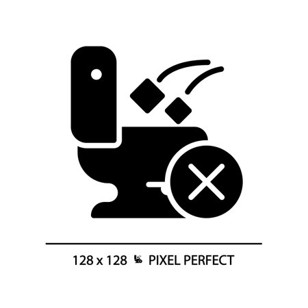 Do not throw trash in toilet pixel perfect black glyph icon. Restroom usage rule. Support hygiene in public washroom. Silhouette symbol on white space. solid pictogram. Vector isolated illustrationのイラスト素材