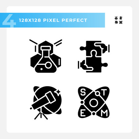STEM impact on education pixel perfect black glyph icons set on white space. Innovative technology of research. Development. silhouette symbols. Solid pictogram pack. Vector isolated illustrationのイラスト素材