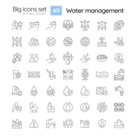 Water management linear icons set. Fresh aqua sources protection. Effective consumption and treatment. Customizable thin line symbols. Isolated vector outline illustrations. editable strokeのイラスト素材