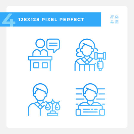 Trial process participants pixel perfect gradient linear vector icons set. Law punishment for criminal. Thin line contour symbol designs bundle. Isolated outline illustration collectionのイラスト素材