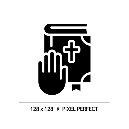 Oath on Bible in law court pixel perfect RGB color icon. Religious ritual in judgment. promise of witness. Silhouette symbol on white space. solid pictogram. Vector isolated illustrationのイラスト素材