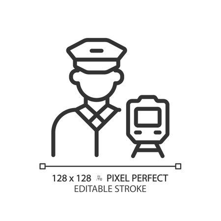 Train driver pixel perfect linear icon. railroad occupation. rail crew. locomotive operator. public transport. thin line illustration. outline symbol. vector outline drawing. editable strokeのイラスト素材