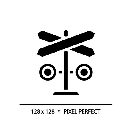 Level crossing pixel perfect black glyph icon. Rail safety. warning device. railway tracks. rail road barrier. Silhouette symbol on white space. solid pictogram. Vector isolated illustrationのイラスト素材
