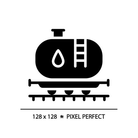 Tank car pixel perfect black glyph icon. Gasoline transportation. railroad wagon. diesel fuel. liquid cargo. Silhouette symbol on white space. solid pictogram. Vector isolated illustrationのイラスト素材