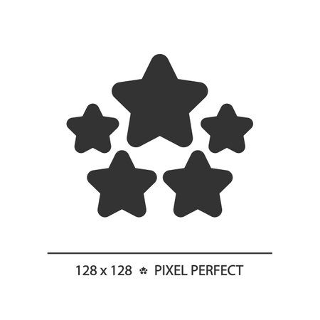 Five stars pixel perfect black glyph icon. High rating of company products. customer feedback about...