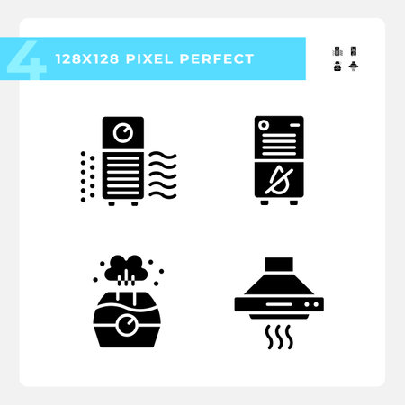 Indoor air quality black glyph icons set on white space. air filtration. climate control. home appliance. Respiratory health. silhouette symbols. Solid pictogram pack. Vector isolated illustrationのイラスト素材