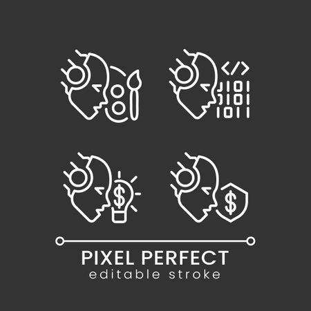 Artificial intelligence skills pixel perfect white linear icons set for dark theme. data science. AI engineer. Night mode simple thin line symbols. Isolated outline illustrations. editable strokeのイラスト素材