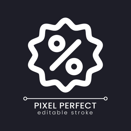 Discount pixel perfect white linear ui icon for dark theme. Special offer for customers. Vector line pictogram. Isolated user interface symbol for night mode. Editable stroke. Poppins font usedのイラスト素材