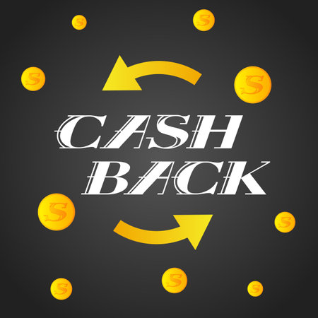 Cash back gold and black promotional banner. Vector decorative typography. Decorative typeset style. Latin script for headers. Trendy advertising for graphic posters, banners, invitations textsのイラスト素材