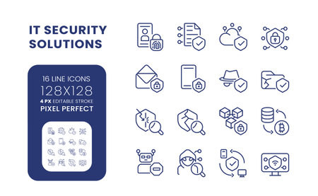 IT security solutions linear desktop icons set. information privacy. data protection. Pixel perfect 128x128, outline 4px. Isolated user interface elements pack for website. editable strokeのイラスト素材