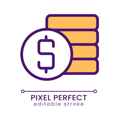 Coins stack and dollar symbol pixel perfect RGB color icon. Savings and earnings. money management. Isolated vector illustration. Simple filled line drawing. Editable stroke. Poppins font usedのイラスト素材