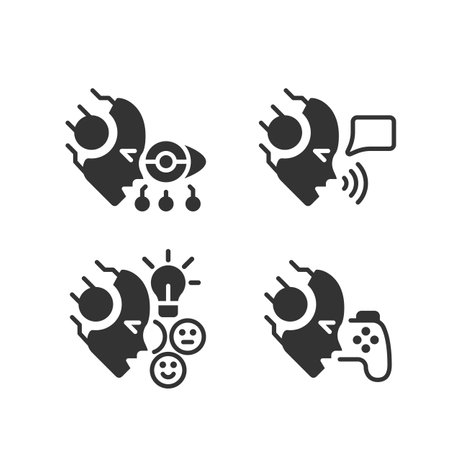 Artificial intelligence benefits black linear glyph icons set. AI advantages. deep learning. big data. Negative space silhouette symbols. solid pictograms. Vector isolated illustrationsのイラスト素材