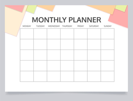 Monthly schedule planner worksheet design template. Blank printable goal setting sheet. time management sample. Scheduling page for organizing personal tasks. Oxygen Bold, Regular fonts usedのイラスト素材