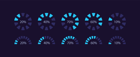 Radial wheel progress infographic chart design template set for dark theme. loading circle. visual...