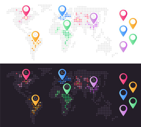 World map with location pins light and dark theme infographic chart design element set. Abstract vector symbols for infochart with blank copy spaces. Editable instructional graphics kitのイラスト素材