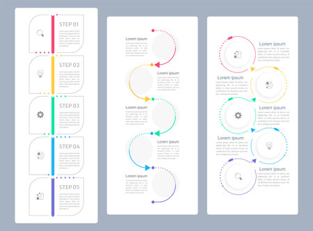 Organizational goals infographic chart design template set. Editable infochart with icons. Instructional graphics with 5 step sequence. visual data presentation. Merriweather Sans font usedのイラスト素材
