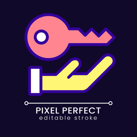 Key pixel perfect RGB color icon for dark theme. Access to private information. Data storage security. Simple filled line drawing on night mode background. Editable stroke. Poppins font usedのイラスト素材