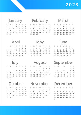 Banking services for customers wall calendar design template for 2023 year. Single page 12 months blank. Week starts on Sunday. Full year poster ready for print. open sans font usedのイラスト素材