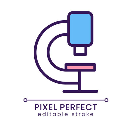 Microscope pixel perfect RGB color icon. laboratory instruments. Enlargement tool. medical test, analysis. Isolated vector illustration. Simple filled line drawing. Editable stroke. Poppins font usedのイラスト素材