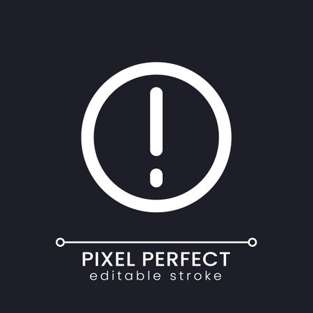 Warning pixel perfect white linear ui icon for dark theme. Exclamation mark in circle. Vector line pictogram. Isolated user interface symbol for night mode. Editable stroke. Poppins font usedのイラスト素材