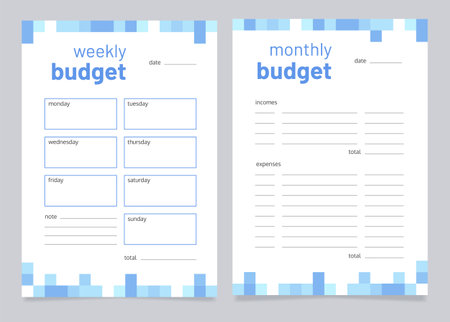 Planning budget worksheet design template. Blank printable goal setting sheet. time management sample. Editable 2 paper pages for organizing personal tasks. Barlow Bold, Oxygen Regular fonts usedのイラスト素材
