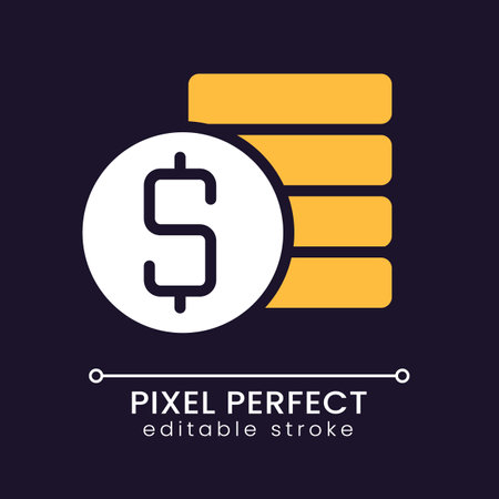 Coins stack and dollar symbol pixel perfect RGB color icon for dark theme. Savings. money management. Simple filled line drawing on night mode background. Editable stroke. Poppins font usedのイラスト素材