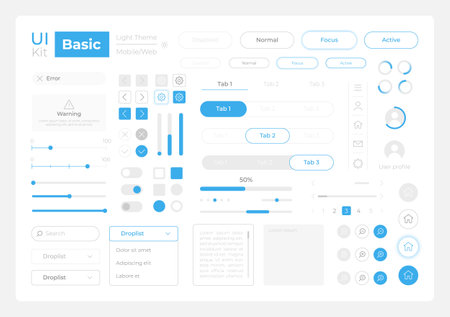 Basic system settings UI elements kit. Editable isolated vector components. Navigation. Web design widget pack for mobile app software with light theme. Montserrat Light, Medium, Bold fonts usedのイラスト素材