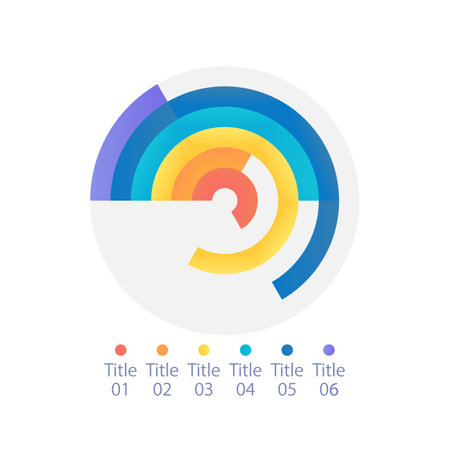 Radial bar infographic chart design template with six categories. Annual indicators. Editable circle infochart with multi rows. visual data presentation. Myriad Pro-Bold, Regular fonts usedのイラスト素材