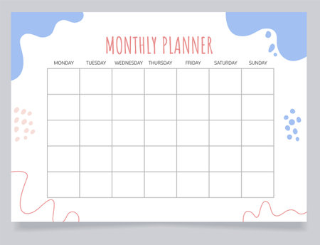 Monthly planner worksheet design template. Blank printable goal setting sheet. time management sample. Scheduling page for organizing personal tasks. Amatic SC Bold, Oxygen Regular fonts usedのイラスト素材