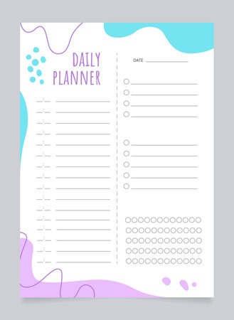 Daily planner worksheet design template. Blank printable goal setting sheet. time management sample. Scheduling page for organizing personal tasks. Amatic SC Bold, Oxygen Regular fonts usedのイラスト素材