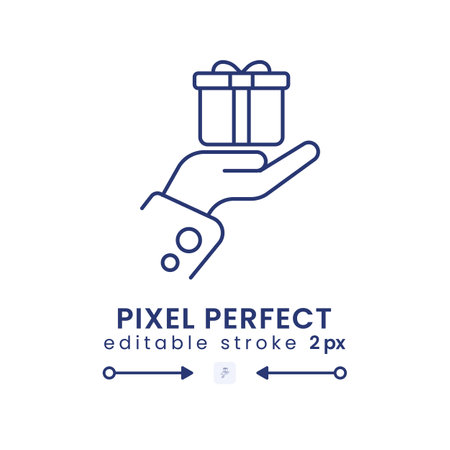 Present giving linear desktop icon. gift sharing. special occasion. Gesture of appreciation. Pixel perfect, outline 2px. GUI, UX design. Isolated user interface element for website. editable strokeのイラスト素材