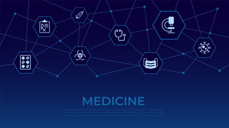 Medicine word concept design template with icons. treatment, disease. Infographics with text and editable white glyph pictograms. Vector illustration for web banner, presentation. Montserrat font usedのイラスト素材