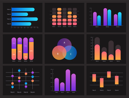 Study information visualization infographic chart design template set for dark theme. Comparison. visual data presentation. Bar graphs and circular diagrams collection. Myriad Pro font usedのイラスト素材