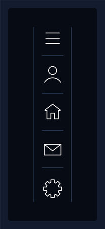 Sidebar menu UI element template. Quick access. Editable isolated vector dashboard component. flat user interface. visual data presentation. Web design widget for mobile application with dark themeのイラスト素材