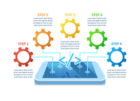 App development infographic chart design template. Abstract infochart with copy space. Instructional graphics with 5 step sequence. visual data presentation. Calibri Bold, Questrial Regular fonts usedのイラスト素材