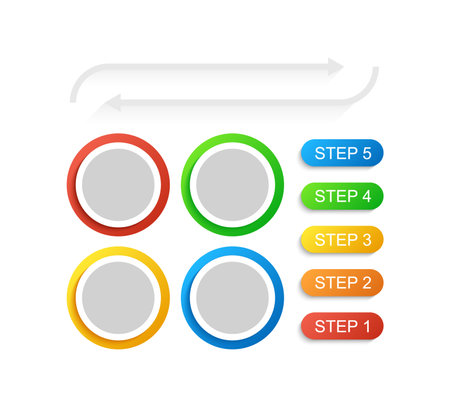 Colorful circles and arrows infographic chart design element set. Fifth steps. Abstract vector symbols for infochart with blank copy spaces. Instructional graphics kit. Arial Regular font usedのイラスト素材