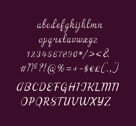 Handwritten alphabet set for dark theme. Vector decorative typography. Decorative typeset style. Latin script for headers. Trendy letters and numbers for graphic posters, banners, invitations textsのイラスト素材