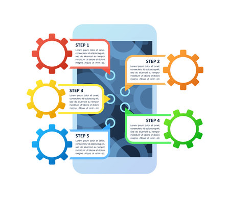 Service app infographic chart design template. Abstract infochart with copy space. Instructional graphics with 5 step sequence. visual data presentation. Calibri Bold, Questrial Regular fonts usedのイラスト素材