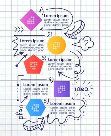 Step by step project infographic chart design template. Abstract infochart with copy space. Instructional graphics with 5 step sequence. visual data presentation. Arial, Segoe UI Emoji fonts usedのイラスト素材