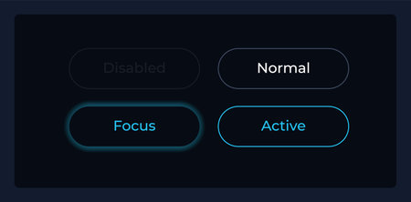 Button states UI elements kit. User interaction isolated vector components. Flat navigation menus and interface buttons template. Dark theme web design widget collection for mobile applicationのイラスト素材
