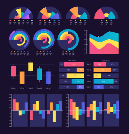 Financial information analysis infographic chart design template set for dark theme. visual data presentation. Editable bar graphs and circular diagrams collection. Myriad Variable Concept font usedのイラスト素材