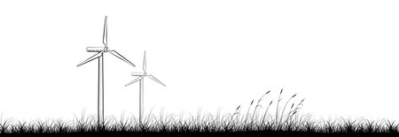 Wind power station in field panoramic background design. Vector illustration with empty copy space for text. Editable shape for poster decoration. creative and customizable panorama imageのイラスト素材